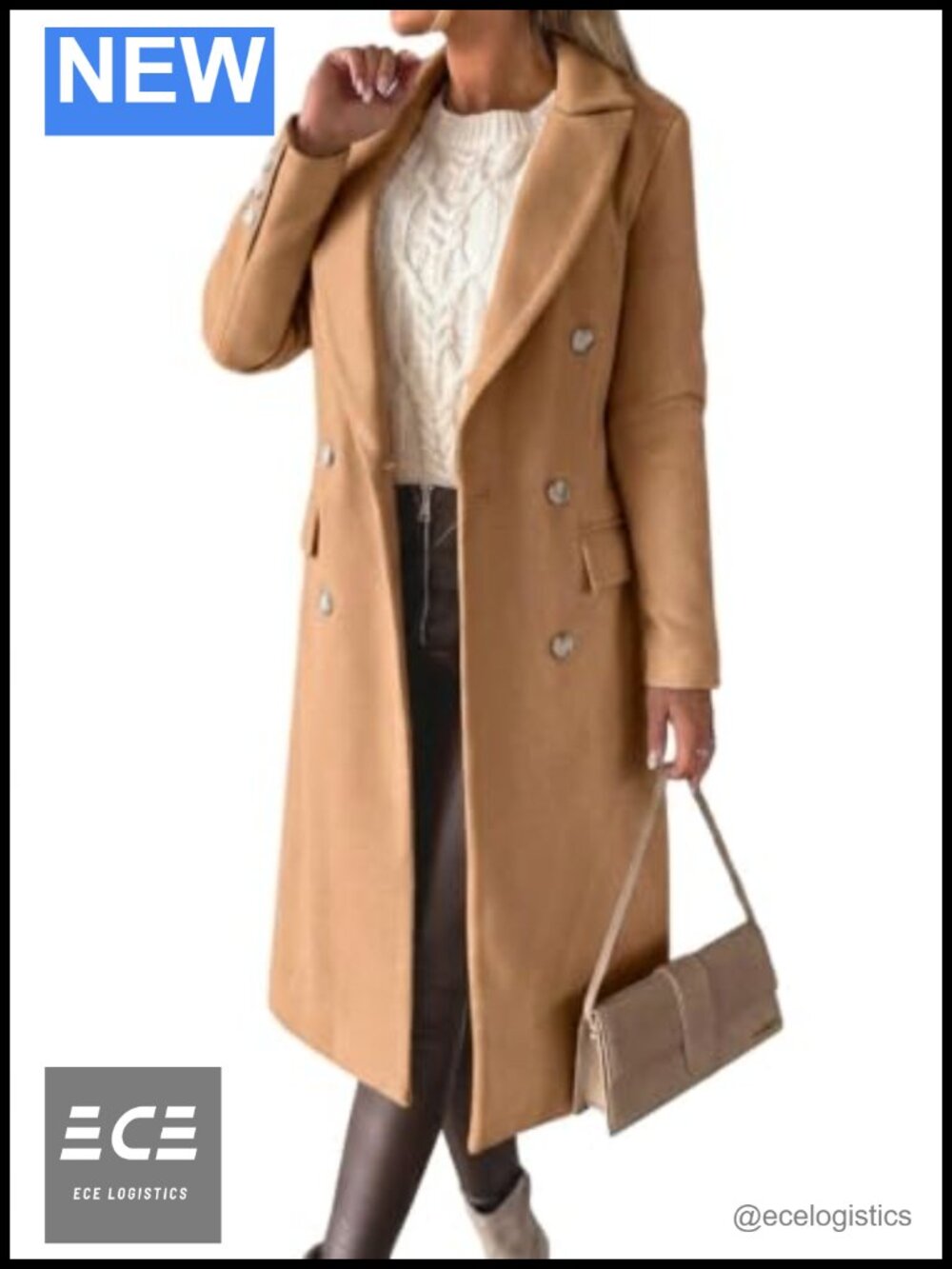 Womens Wool Long Trench Coat Double Breasted Notch Lapel Winter Pea Coat